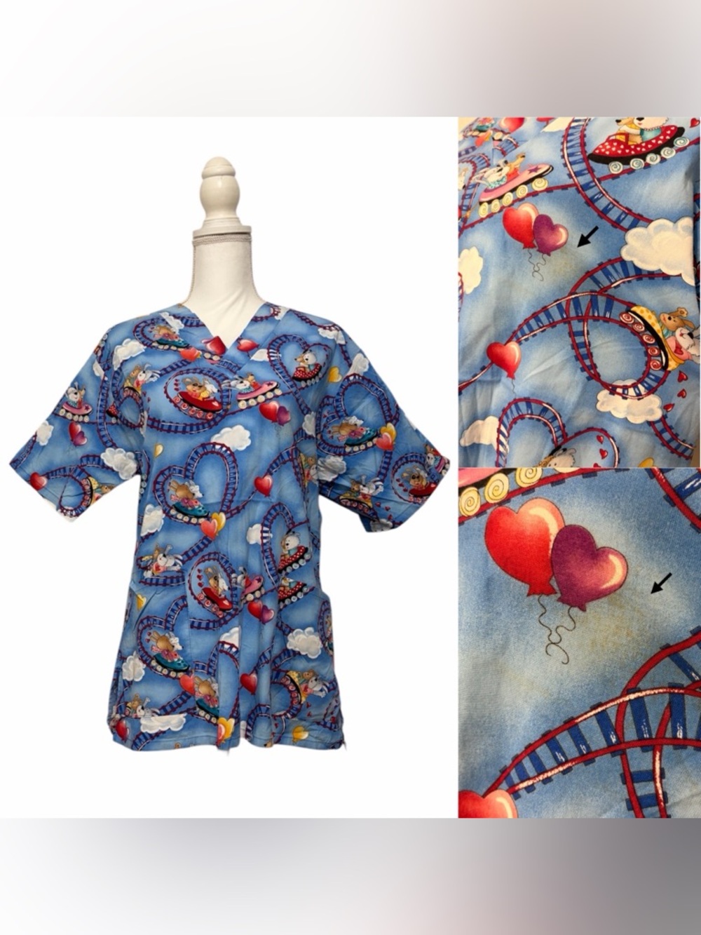 Uniform City Balloon Roller Coaster Print Nursing Medical Scrub Top Women’s Sm